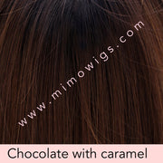 CHOCOLATE WITH CARAMEL • 8/27R4 ••• Dark brown root with a blend of med & chocolate brown