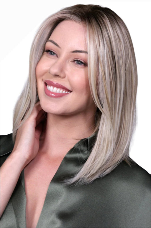 CRUSHED ALMOND BLONDE ROOTED • 14/17/101+18 |  Creamy cool blend of Lt to Med sandy blonde w/ chunky highlights of light ash blonde & platinum • overall soft neutral Lt blonde w/ Lt & Med blended root