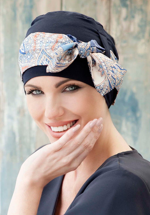 Yanna Navy Mosaica Linea by Masumi Headwear | shop name | Medical Hair Loss & Wig Experts.